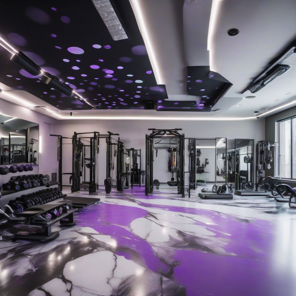 fitness studio black ceiling led white green purple spots light gray marble floor gym equipment light gray concrete walls by मुफ्त एआई छवि जनरेटर - बिना लॉगिन के✨ | AIGAZOU