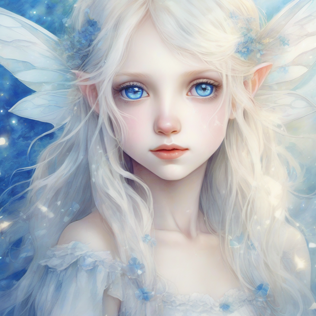 very young fairy fantasy sparkling dreamy background albino anime girl face large white clothes long hair blue eyes watercolor by मुफ्त एआई छवि जनरेटर - बिना लॉगिन के✨ | AIGAZOU