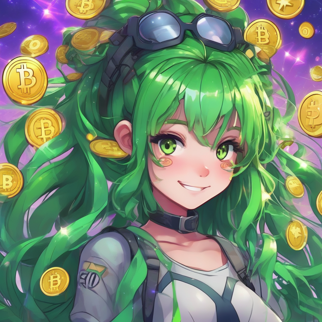 girl investing in virtual currency green hair glittering by मुफ्त एआई छवि जनरेटर - बिना लॉगिन के✨ | AIGAZOU