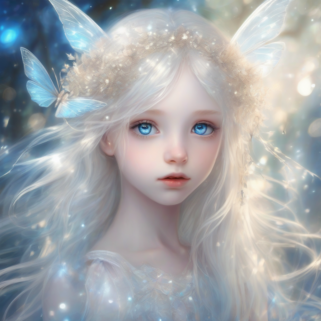 young fairy fantasy sparkling background albino anime girl face white dress long hair blue eyes by मुफ्त एआई छवि जनरेटर - बिना लॉगिन के✨ | AIGAZOU