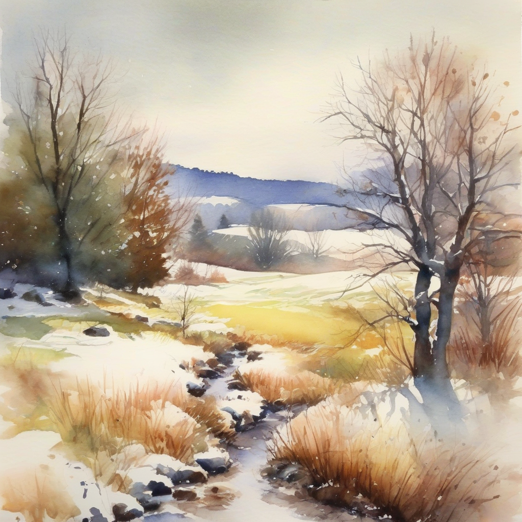 first snow pastoral landscape watercolor by मुफ्त एआई छवि जनरेटर - बिना लॉगिन के✨ | AIGAZOU