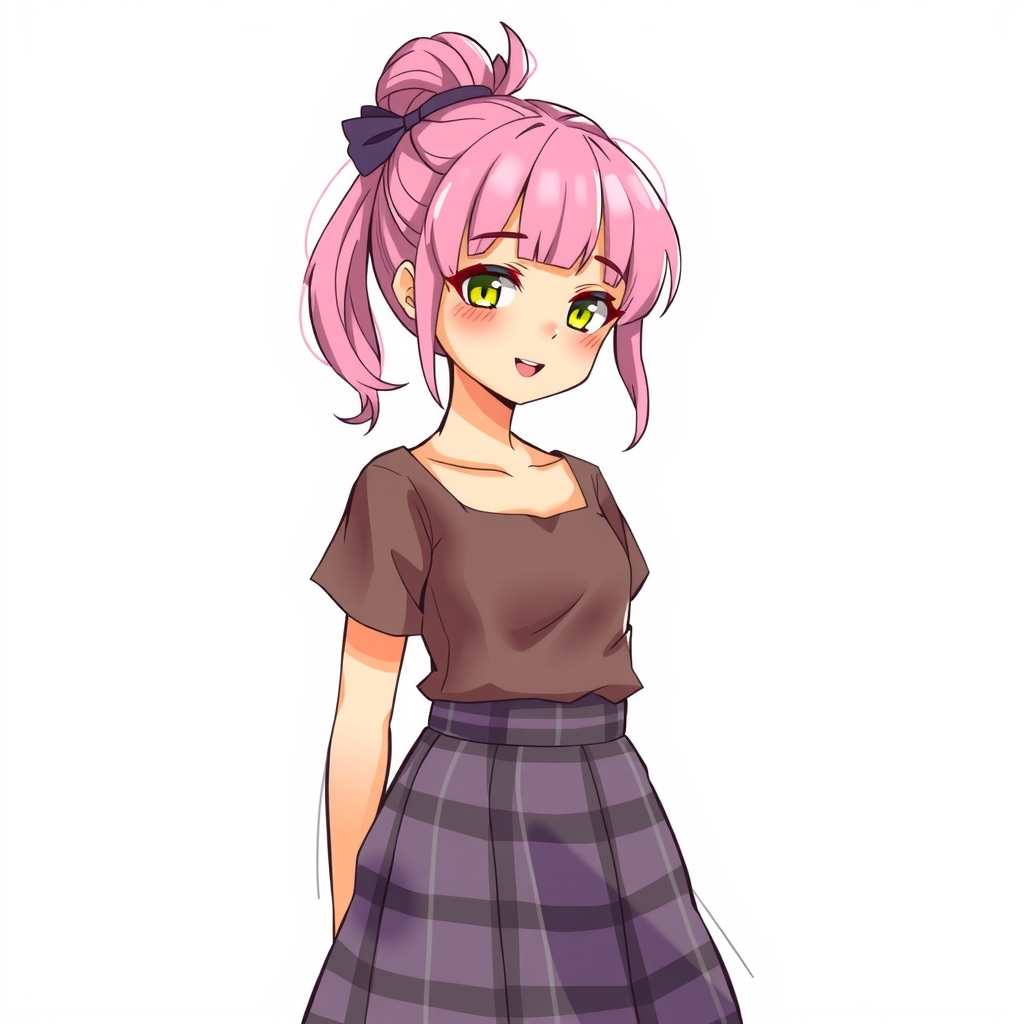 a beautiful girl with pink hair in a bun wearing a plaid skirt by मुफ्त एआई छवि जनरेटर - बिना लॉगिन के✨ | AIGAZOU