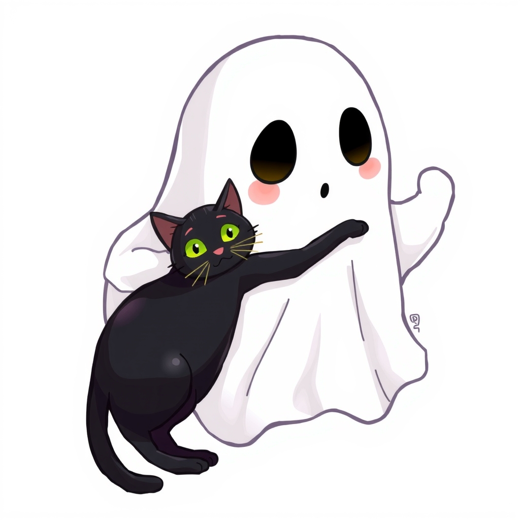 ghost with black cat on shoulder white background by मुफ्त एआई छवि जनरेटर - बिना लॉगिन के✨ | AIGAZOU