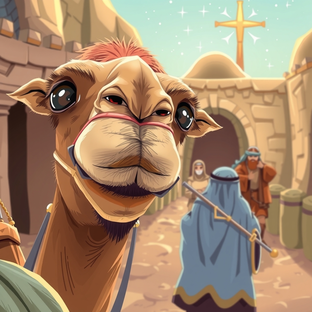 camel taking a selfie with bethlehem portal characters in background by मुफ्त एआई छवि जनरेटर - बिना लॉगिन के✨ | AIGAZOU