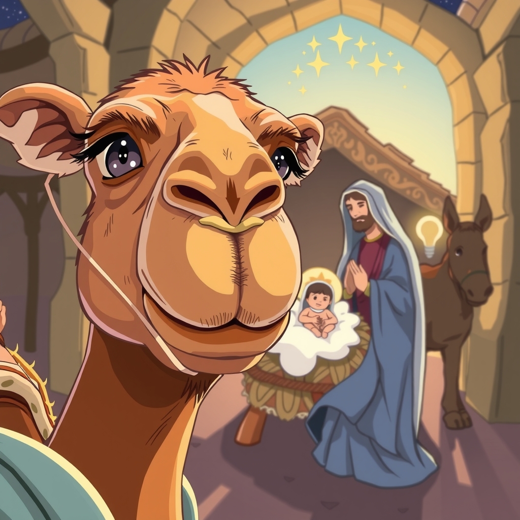 camel taking selfie with jesus mary joseph manger by मुफ्त एआई छवि जनरेटर - बिना लॉगिन के✨ | AIGAZOU