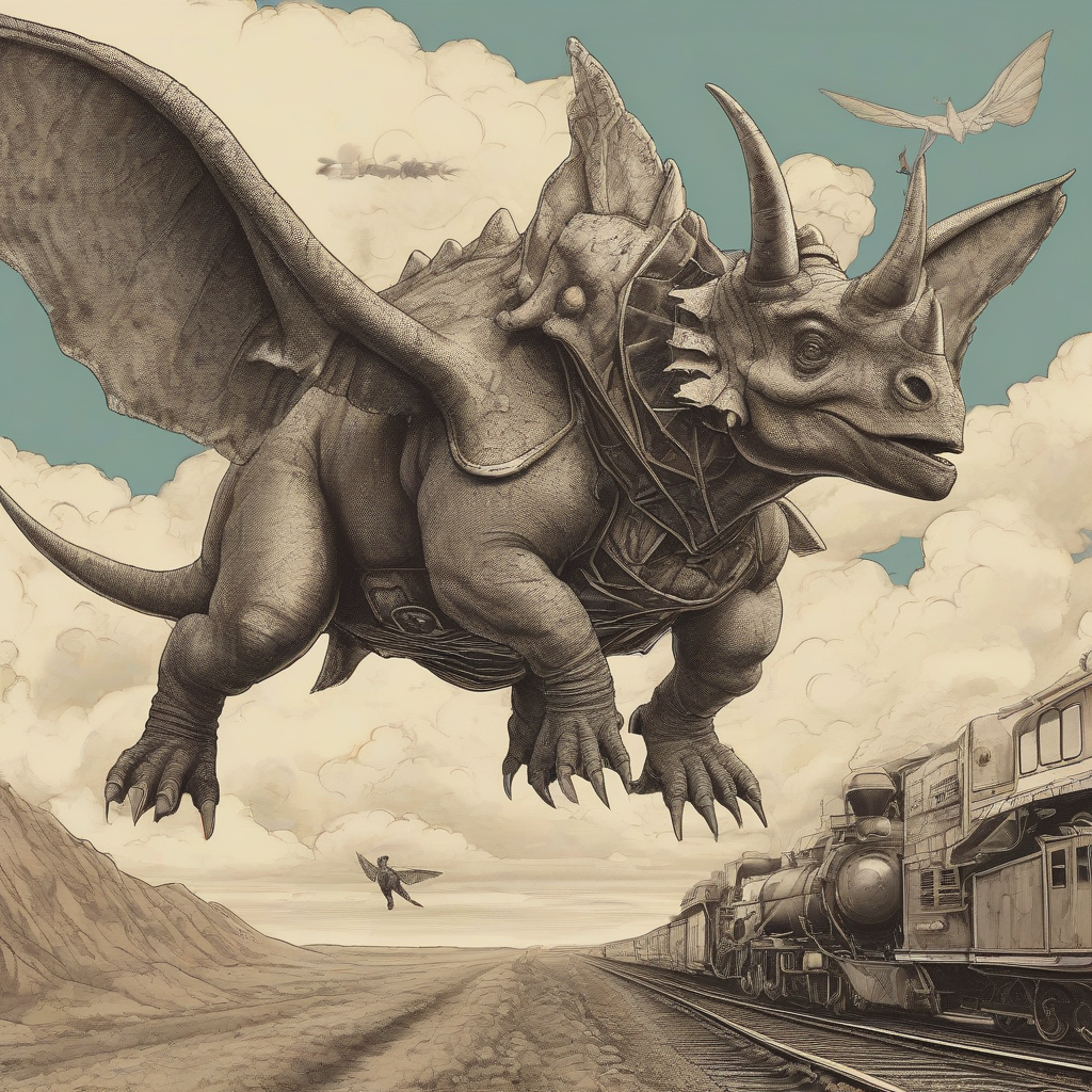 winged naked man flying in sky with triceratops and locomotive by मुफ्त एआई छवि जनरेटर - बिना लॉगिन के✨ | AIGAZOU