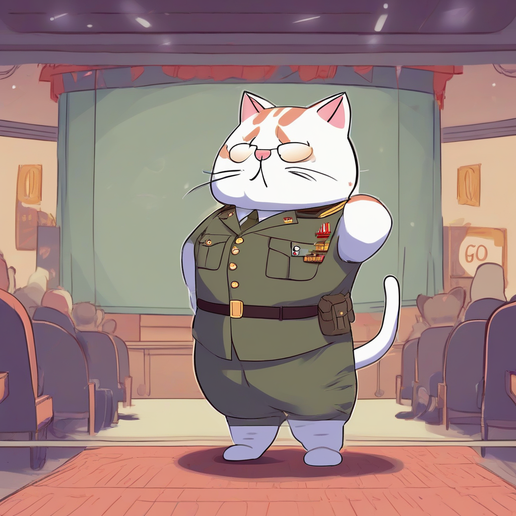 a fat cat in military uniform stands on stage and tells the people to sleep late by मुफ्त एआई छवि जनरेटर - बिना लॉगिन के✨ | AIGAZOU