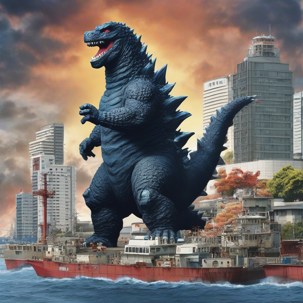 mojiko from kitakyushu city godzilla lands by मुफ्त एआई छवि जनरेटर - बिना लॉगिन के✨ | AIGAZOU