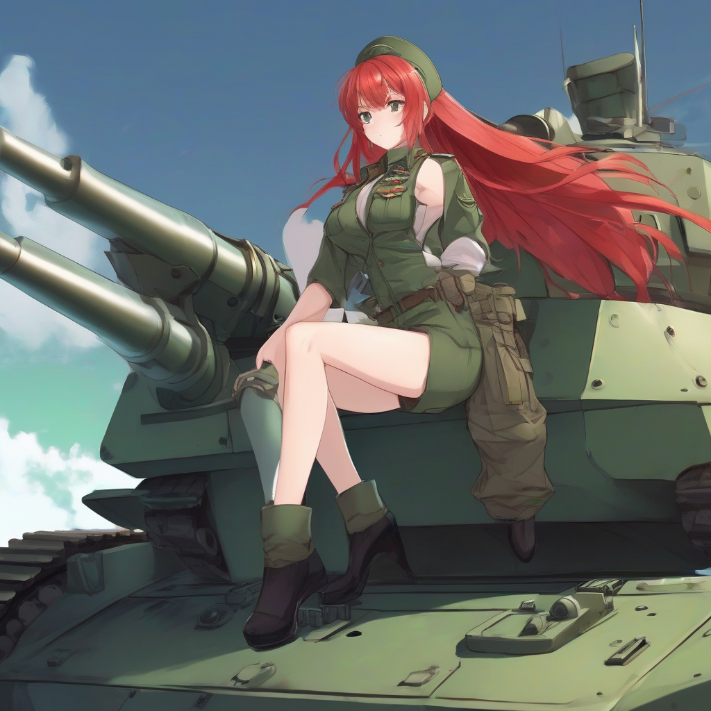 anime style large breasts red long hair green eyes sleeveless soldier sitting on a tank by मुफ्त एआई छवि जनरेटर - बिना लॉगिन के✨ | AIGAZOU