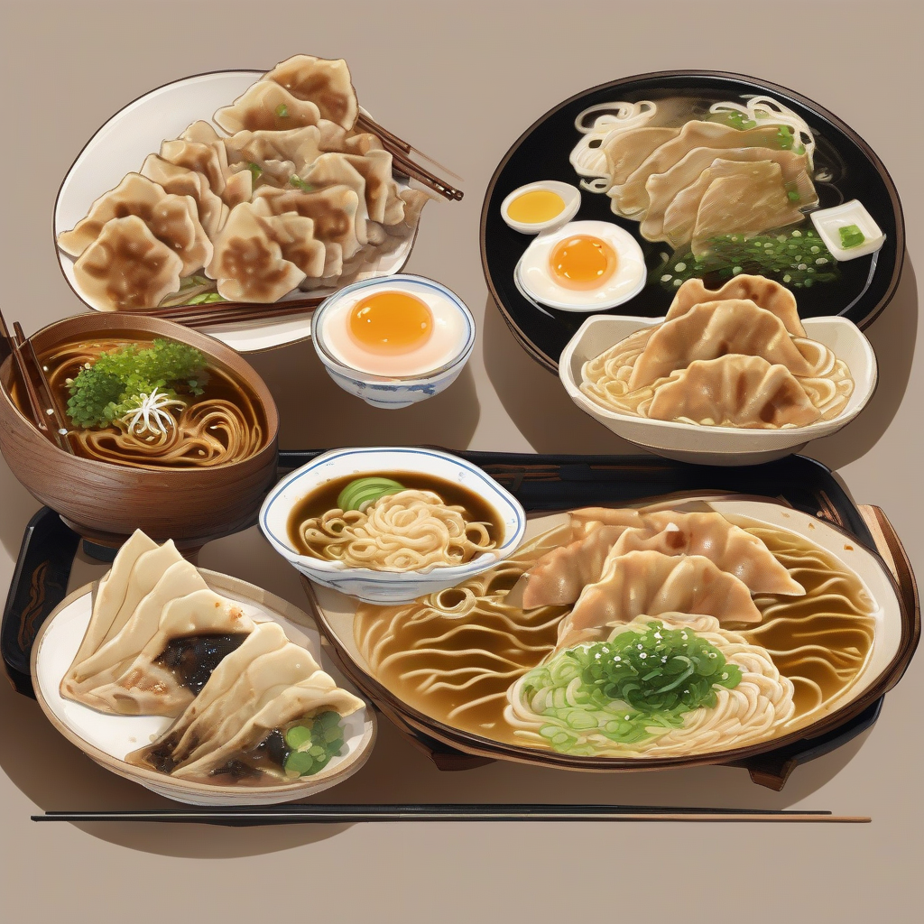 delicious ramen and gyoza image ramen with seasoned egg pork belly and green onions gyoza and ramen on separate plates by मुफ्त एआई छवि जनरेटर - बिना लॉगिन के✨ | AIGAZOU