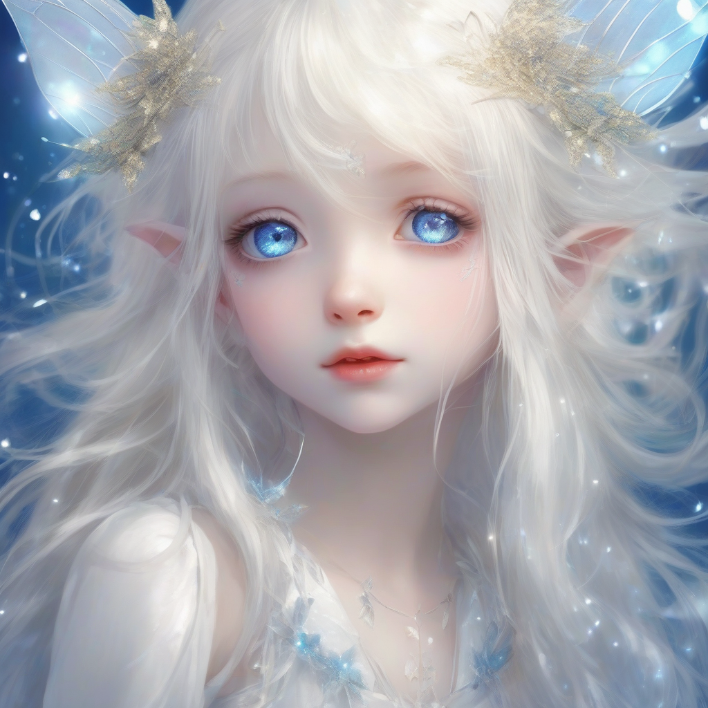 young fairy fantasy sparkling background albino anime girl face white dress long hair blue eyes by मुफ्त एआई छवि जनरेटर - बिना लॉगिन के✨ | AIGAZOU