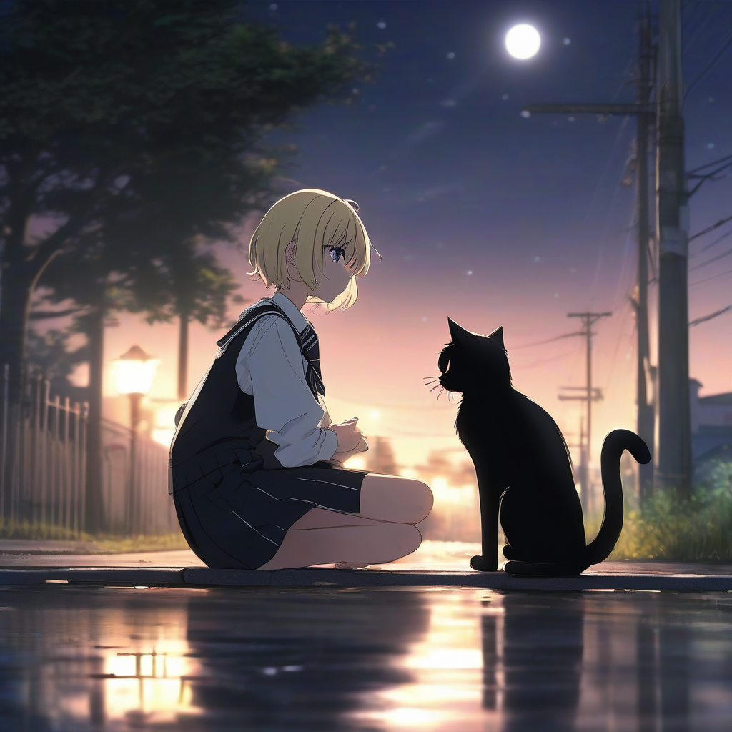 beautiful schoolgirl black cat shy flushed cheeks crouching looking back short hair blonde black eyes slim heartwarming scene outside road by मुफ्त एआई छवि जनरेटर - बिना लॉगिन के✨ | AIGAZOU