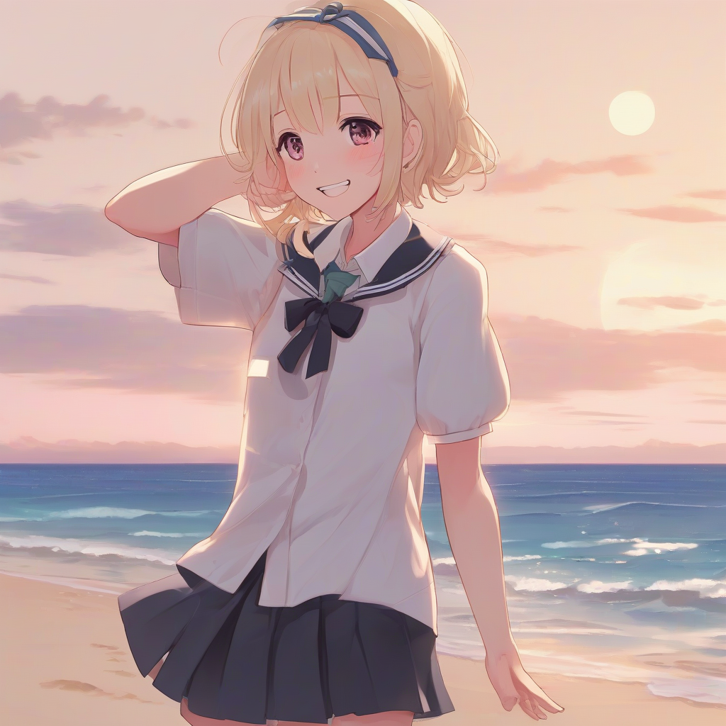 exquisite beach ocean schoolgirl shy smiling waving at camera looking at viewer short hair blonde black eyes slim blush in by मुफ्त एआई छवि जनरेटर - बिना लॉगिन के✨ | AIGAZOU