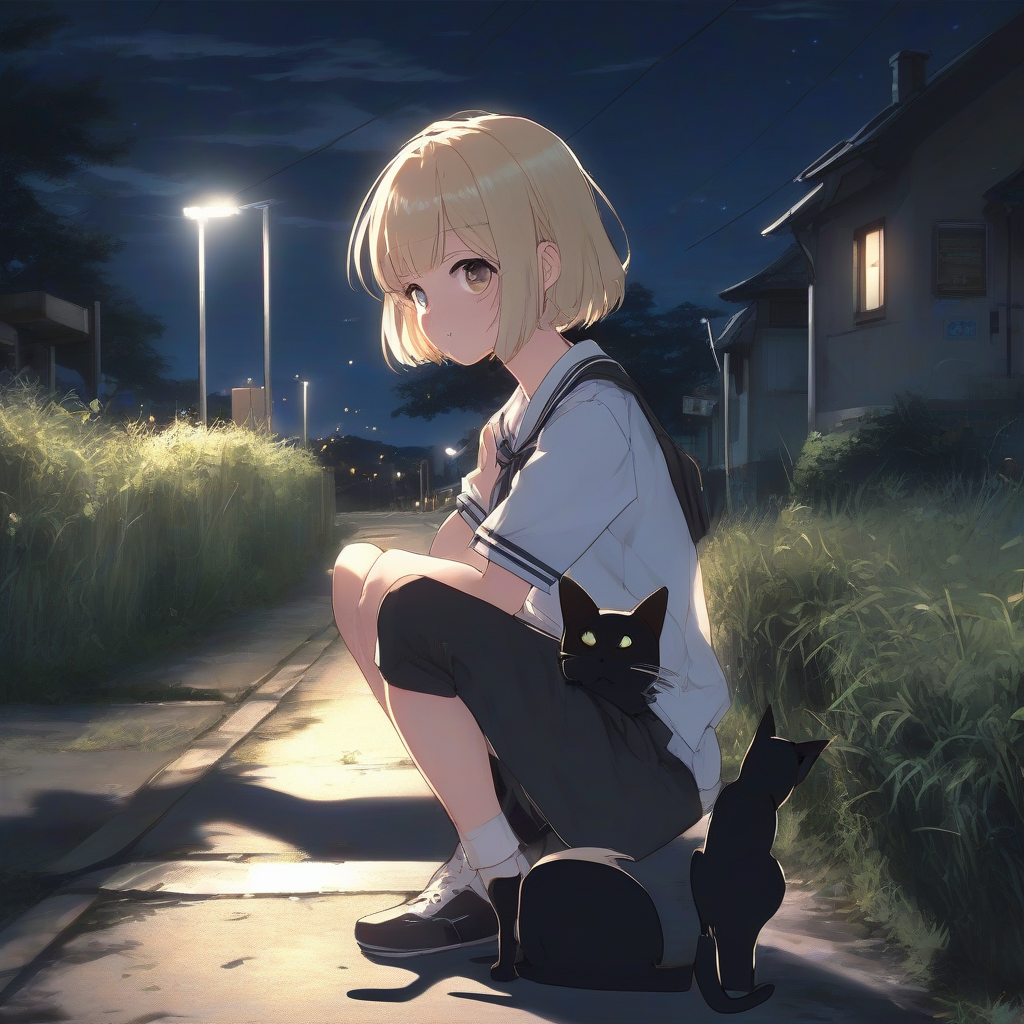 beautiful schoolgirl black cat shy flushed cheeks crouching looking back short hair blonde black eyes slim heartwarming scene outside road by मुफ्त एआई छवि जनरेटर - बिना लॉगिन के✨ | AIGAZOU