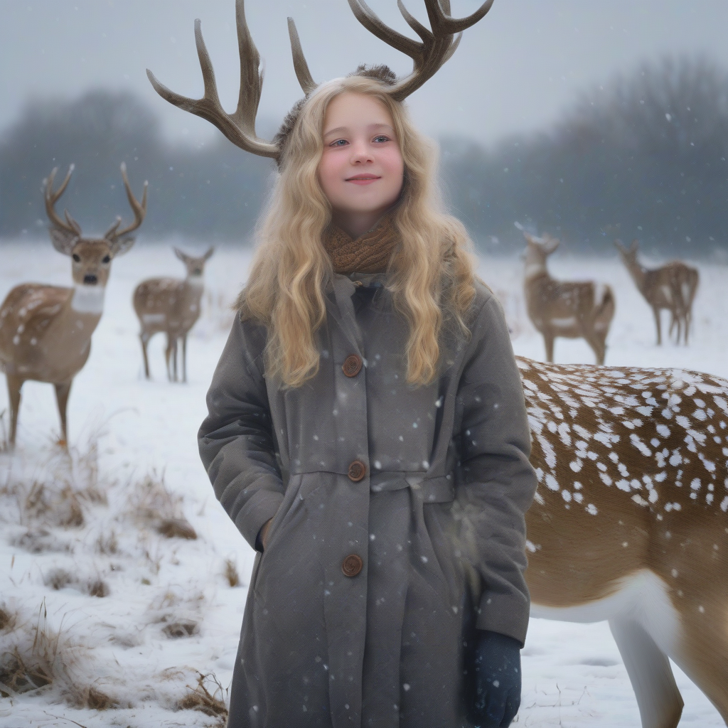 snowy landscape snowing fallow deer blonde girl by मुफ्त एआई छवि जनरेटर - बिना लॉगिन के✨ | AIGAZOU