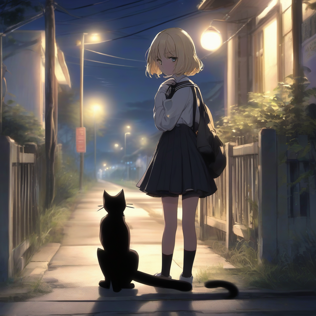 beautiful schoolgirl black cat shy flushed cheeks crouching looking back short hair blonde black eyes slim heartwarming scene outside on by मुफ्त एआई छवि जनरेटर - बिना लॉगिन के✨ | AIGAZOU