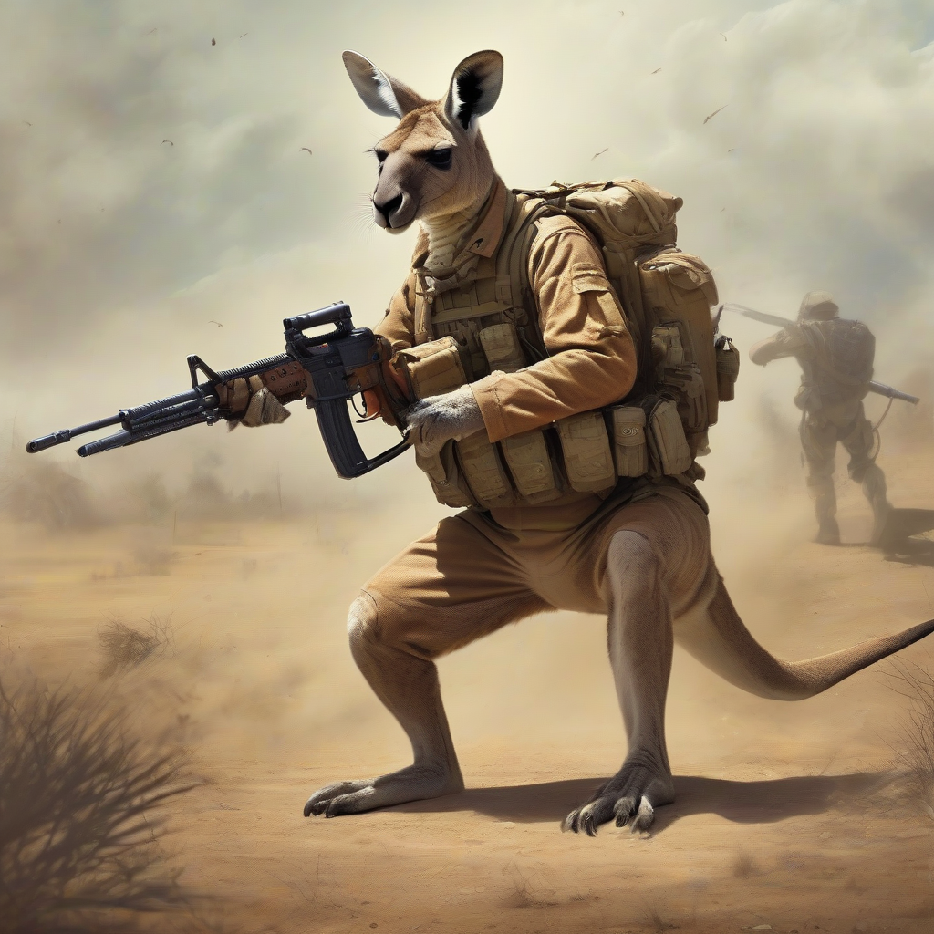 kangaroo war suit weapon in hand in a war with tigers by मुफ्त एआई छवि जनरेटर - बिना लॉगिन के✨ | AIGAZOU