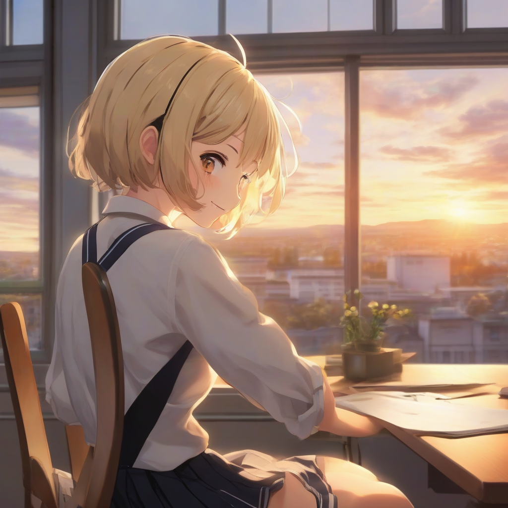 exquisite schoolgirl happy grinning wink looking back short hair blonde black eyes slim enjoyable scene in the school with a by 免费AI图像生成工具 | AIGAZOU