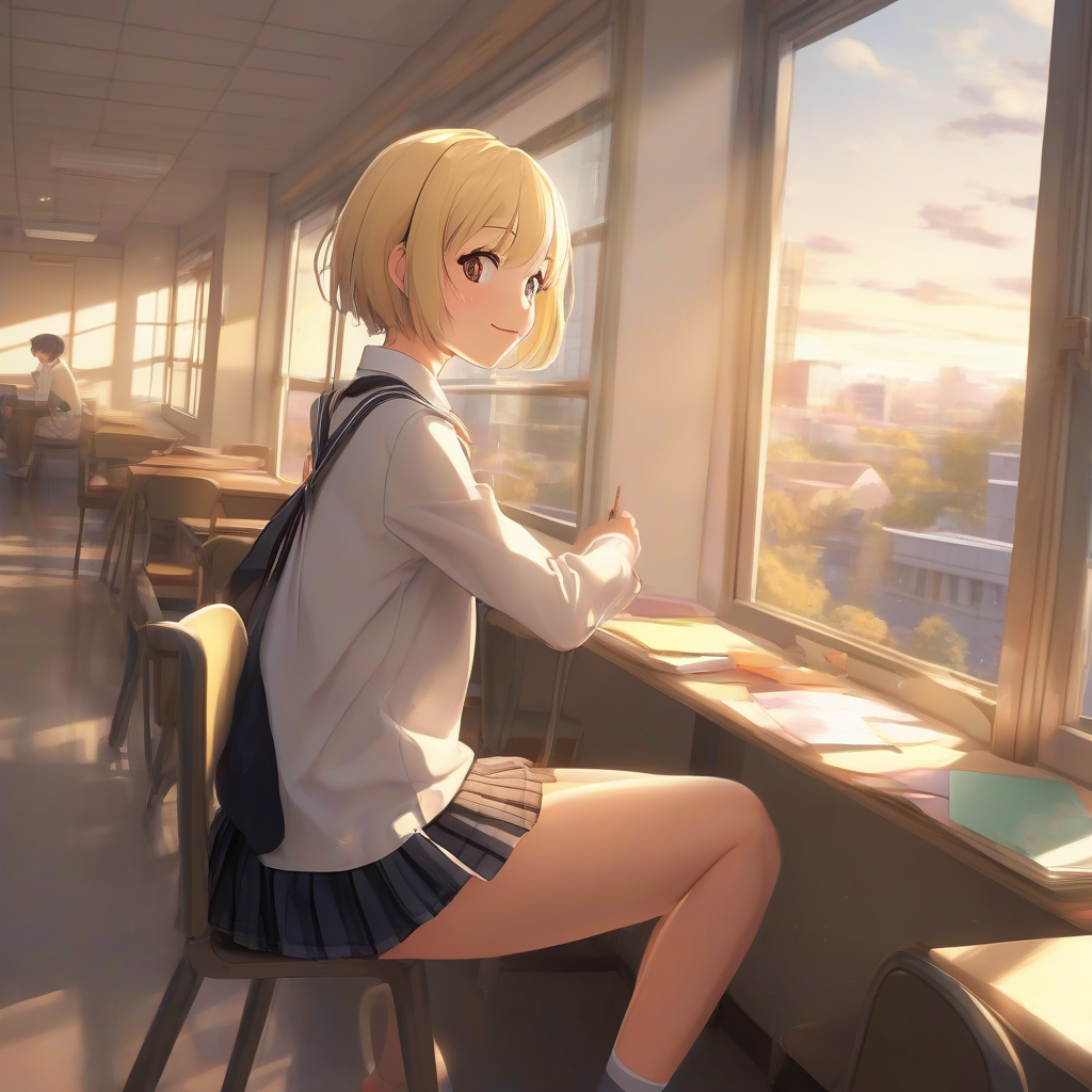 exquisite schoolgirl happy grinning wink looking back short hair blonde black eyes slim enjoyable scene in the school with a by Générateur d'images par IA gratuit - Aucune connexion nécessaire✨ | AIGAZOU