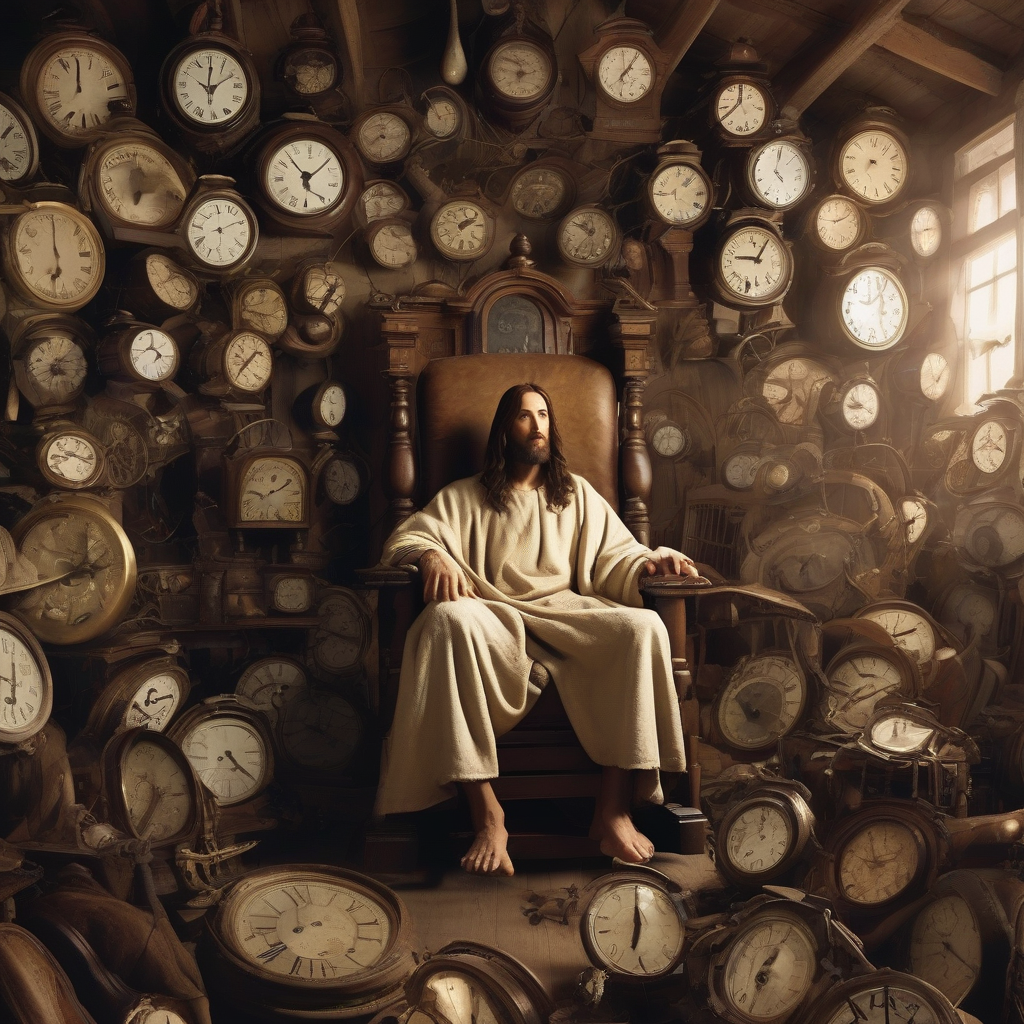 an old room with many clocks and a rocking chair where jesus christ is sitting comfortably by मुफ्त एआई छवि जनरेटर - बिना लॉगिन के✨ | AIGAZOU