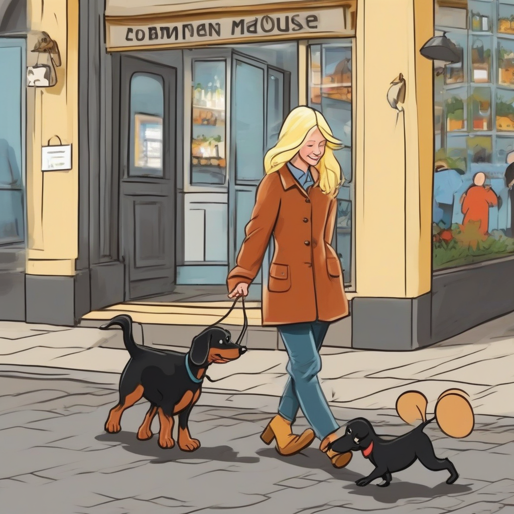 cartoon blonde girl mickey mouse style walks with puppy by मुफ्त एआई छवि जनरेटर - बिना लॉगिन के✨ | AIGAZOU