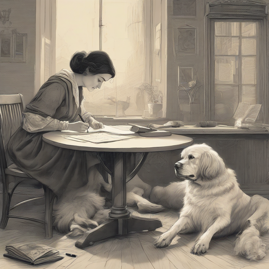 a woman writes on a round table a dog lies at her feet by मुफ्त एआई छवि जनरेटर - बिना लॉगिन के✨ | AIGAZOU