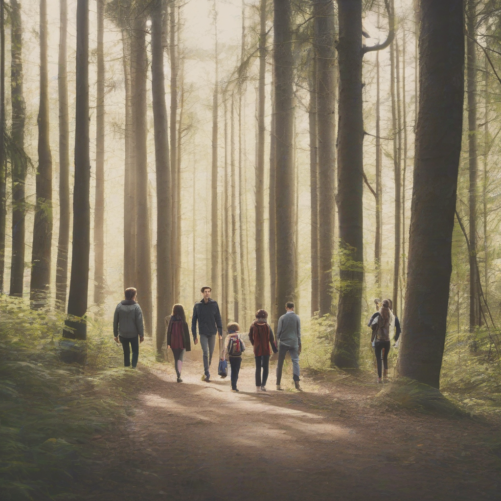 two adults three teens and two kids walking in a forest by मुफ्त एआई छवि जनरेटर - बिना लॉगिन के✨ | AIGAZOU