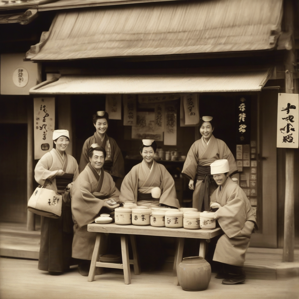 taisho era senbei shop 5 6 people sepia by मुफ्त एआई छवि जनरेटर - बिना लॉगिन के✨ | AIGAZOU