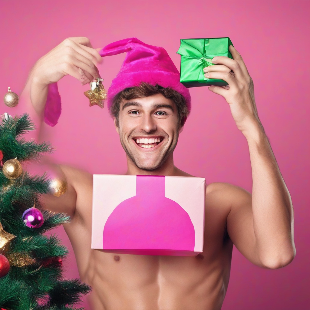 a man in a pink bikini wearing a christmas hat holding a gift looking silly by मुफ्त एआई छवि जनरेटर - बिना लॉगिन के✨ | AIGAZOU