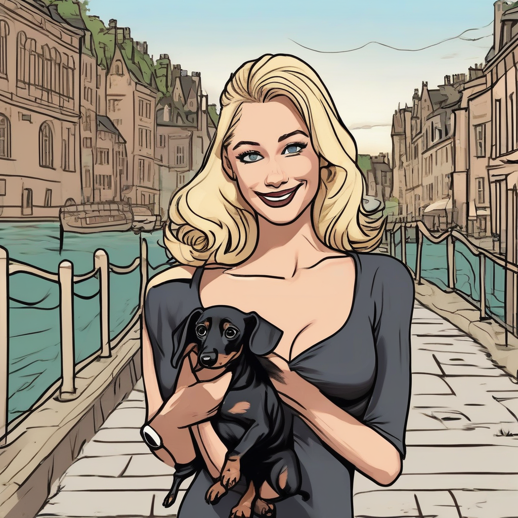 beautiful blonde with sweet smile walks with small black dachshund named quando by the rhine by मुफ्त एआई छवि जनरेटर - बिना लॉगिन के✨ | AIGAZOU