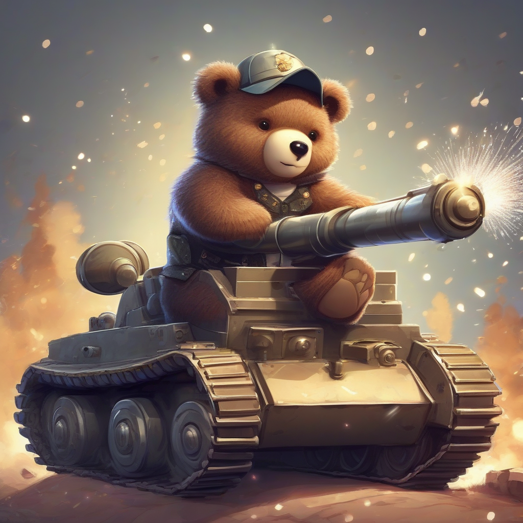 cute bear riding tank firing cannon sparkling background by मुफ्त एआई छवि जनरेटर - बिना लॉगिन के✨ | AIGAZOU