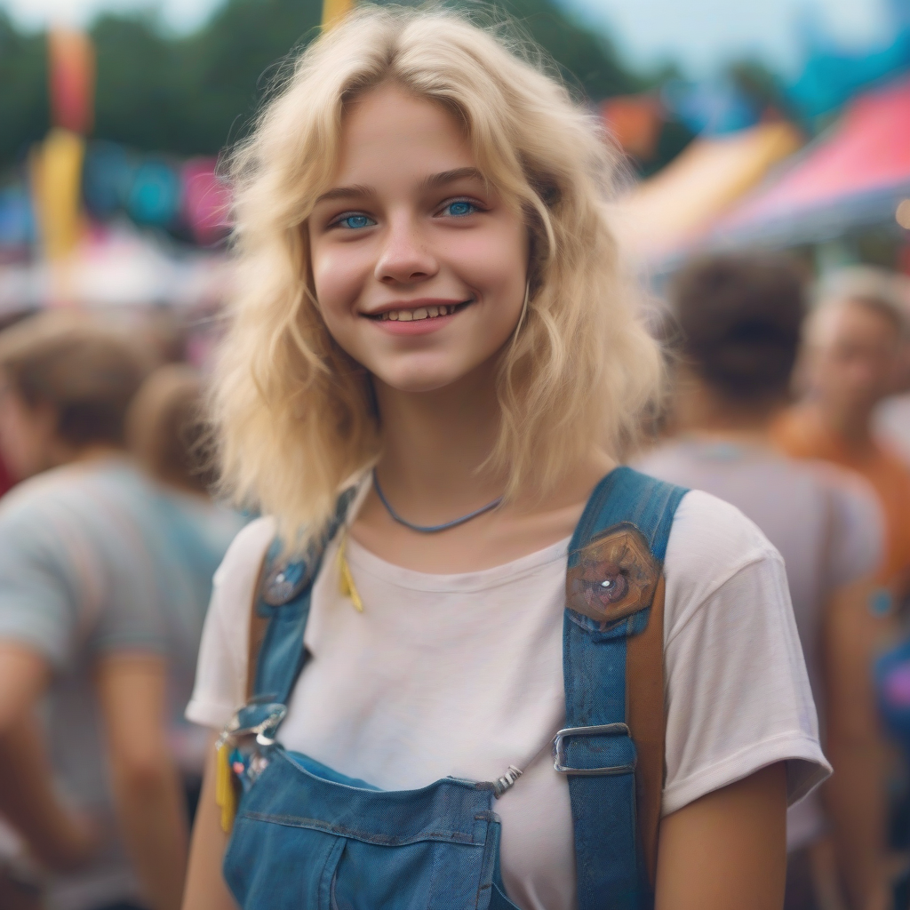 create image girl 80s style blonde hair blue eyes braces festival crowd by Générateur d'images par IA gratuit - Aucune connexion nécessaire✨ | AIGAZOU