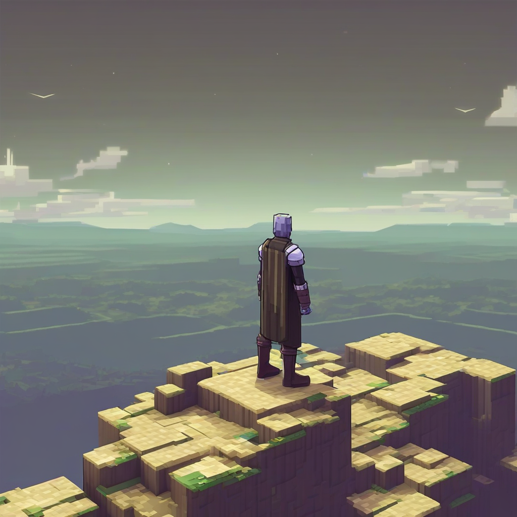 voxel hero looking down from cliff over grassland by मुफ्त एआई छवि जनरेटर - बिना लॉगिन के✨ | AIGAZOU