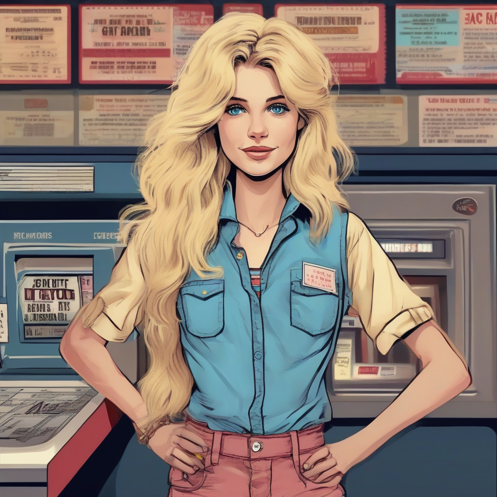 girl 80s style blonde hair blue eyes braces movie ticket booth by 免费AI图像生成工具 | AIGAZOU