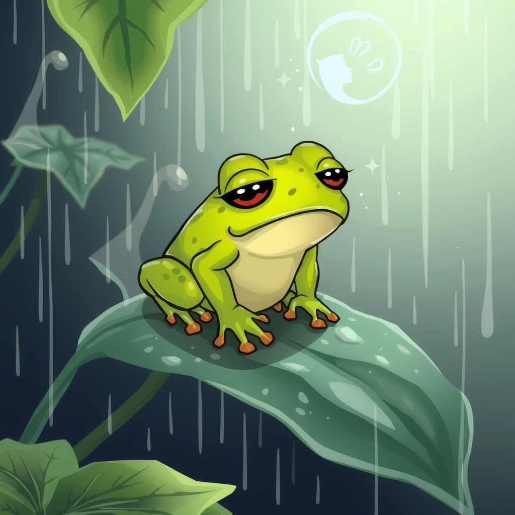 sad little green frog on a leaf during rain by मुफ्त एआई छवि जनरेटर - बिना लॉगिन के✨ | AIGAZOU