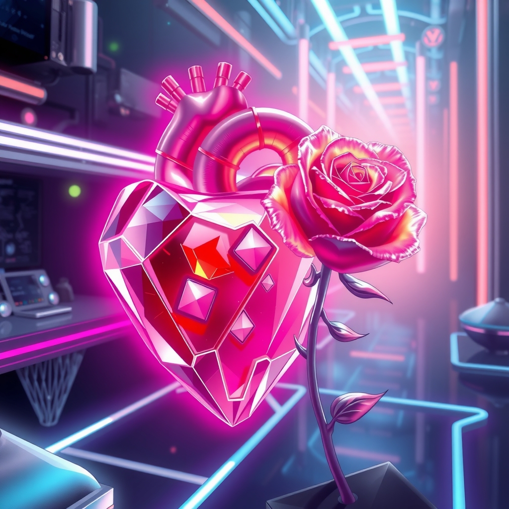 crystalline heart and rose in futuristic neon light science fiction art by मुफ्त एआई छवि जनरेटर - बिना लॉगिन के✨ | AIGAZOU