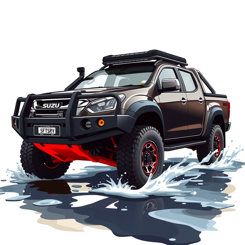 isuzu d max saphir black snorkel winch bumper big tyres hardtop red black rims red skit plate water by मुफ्त एआई छवि जनरेटर - बिना लॉगिन के✨ | AIGAZOU