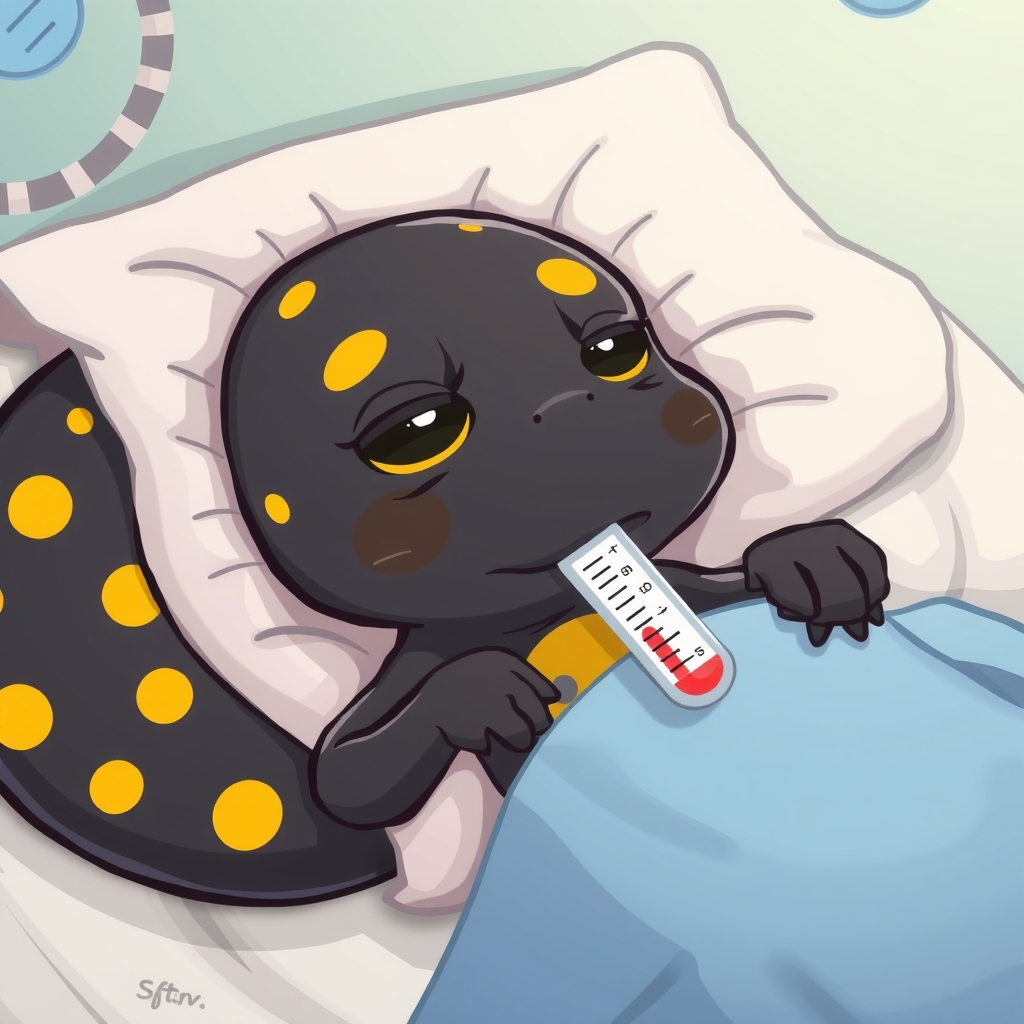 a sad black salamander with yellow spots lying in a hospital bed with a fever thermometer in its mouth by मुफ्त एआई छवि जनरेटर - बिना लॉगिन के✨ | AIGAZOU