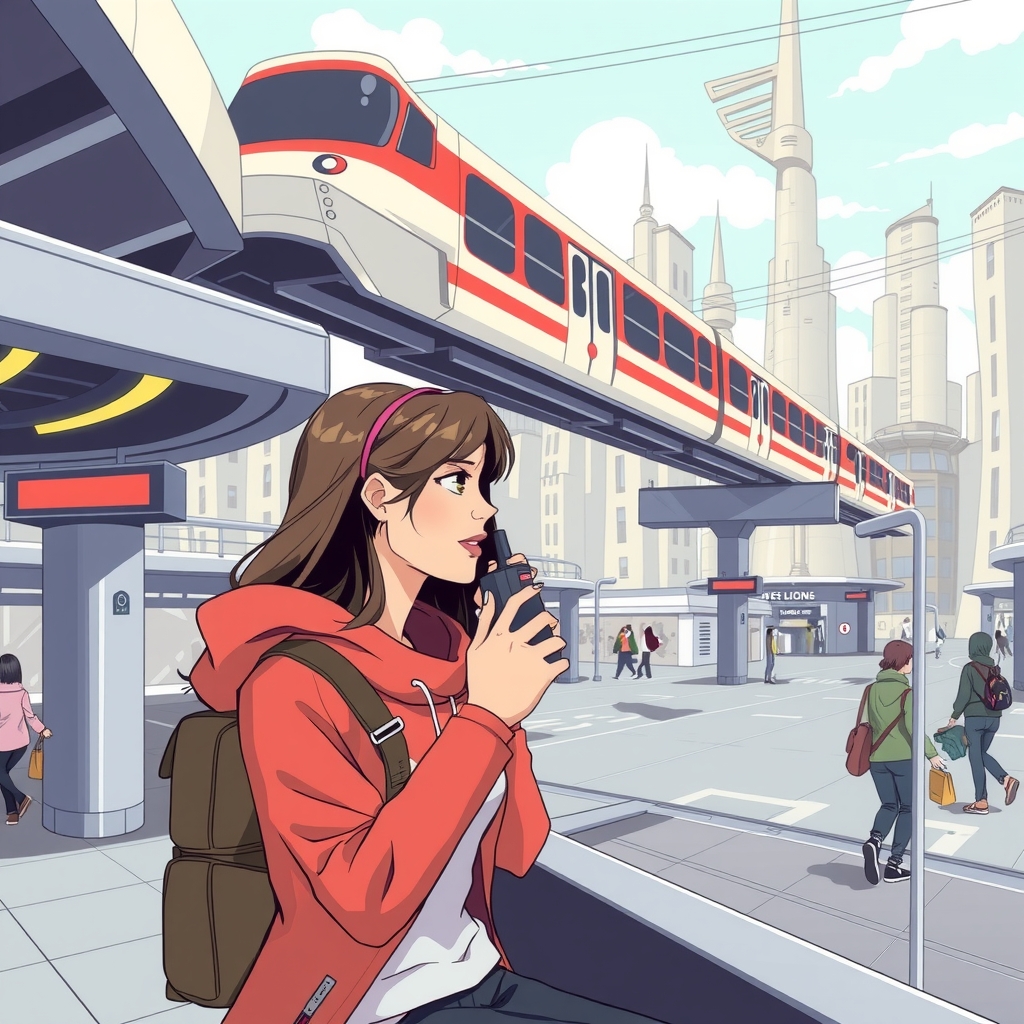 anime girl enjoying conversation on radio in futuristic city with monorail by मुफ्त एआई छवि जनरेटर - बिना लॉगिन के✨ | AIGAZOU