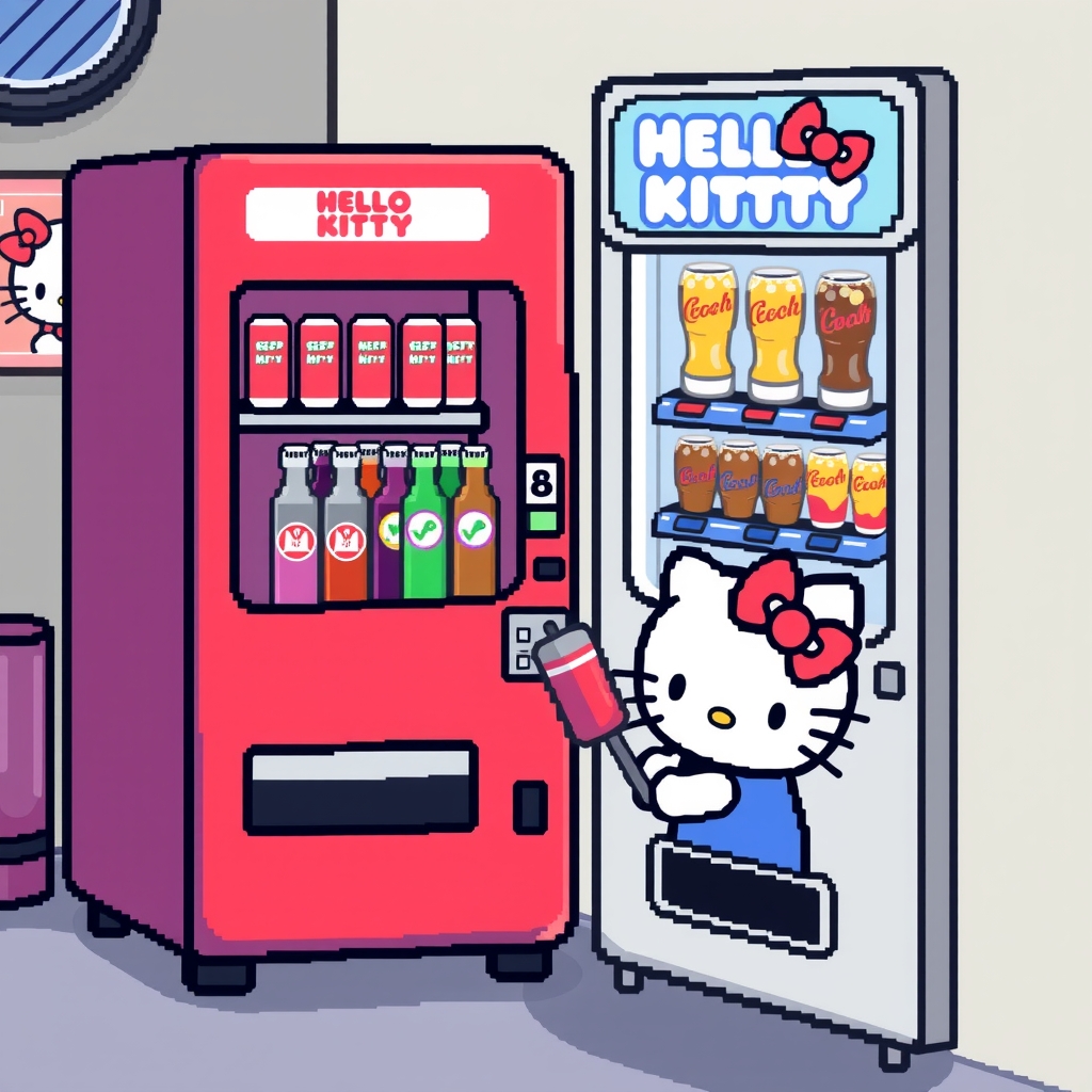 hello kitty buying drink from vending machine in pixel art by मुफ्त एआई छवि जनरेटर - बिना लॉगिन के✨ | AIGAZOU