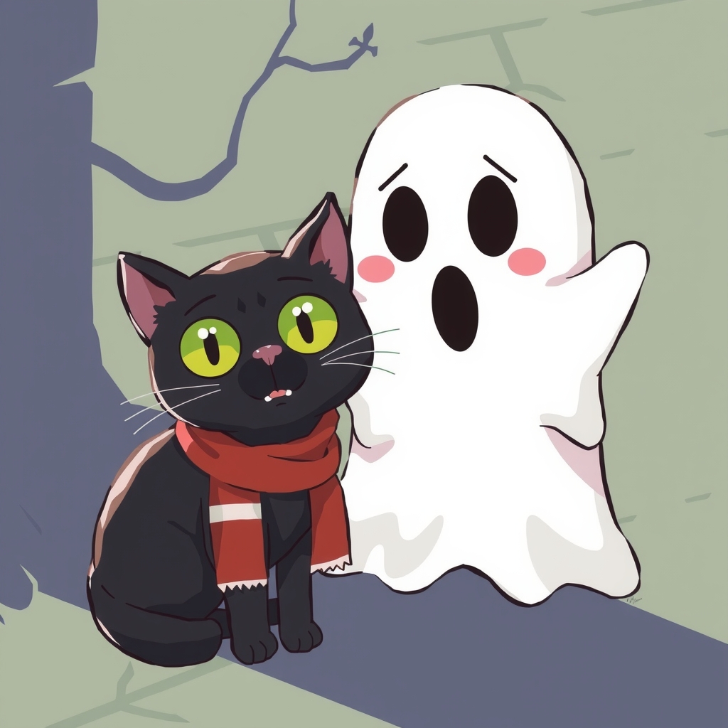 a cute ghost next to a black cat by मुफ्त एआई छवि जनरेटर - बिना लॉगिन के✨ | AIGAZOU