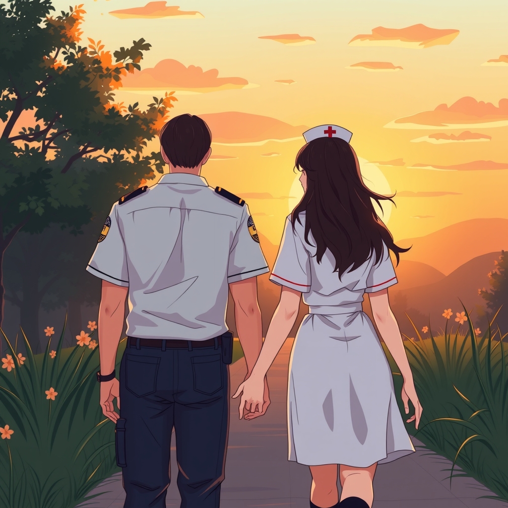 nurse with black hair and officer walk towards sunset by मुफ्त एआई छवि जनरेटर - बिना लॉगिन के✨ | AIGAZOU