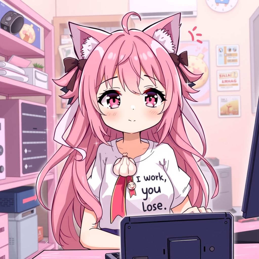 cute girl with long hair and cat ears playing pc games by मुफ्त एआई छवि जनरेटर - बिना लॉगिन के✨ | AIGAZOU