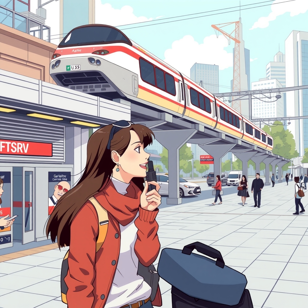 anime image woman enjoying conversation with handy transceiver at station square with monorail in background futuristic city by Générateur d'images par IA gratuit - Aucune connexion nécessaire✨ | AIGAZOU