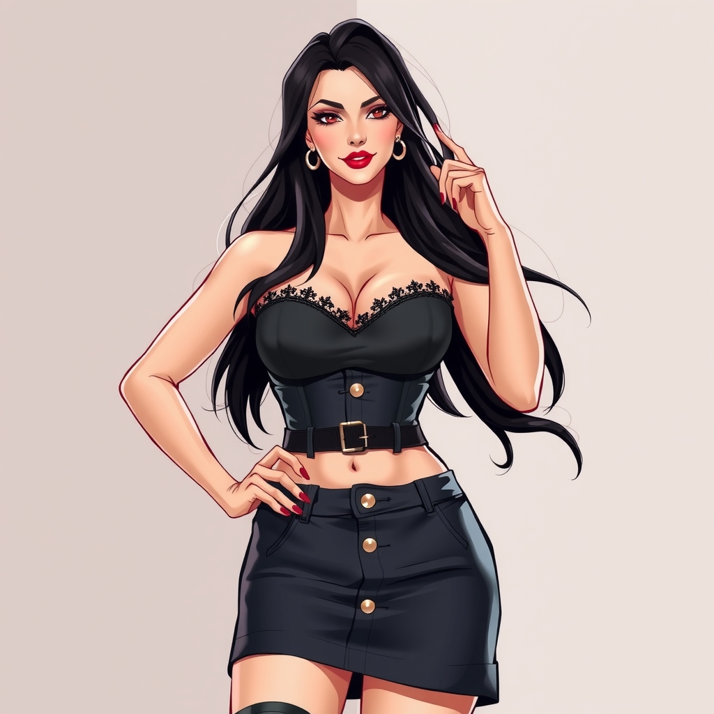 girdle belt mini skirt black long hair mature woman by मुफ्त एआई छवि जनरेटर - बिना लॉगिन के✨ | AIGAZOU