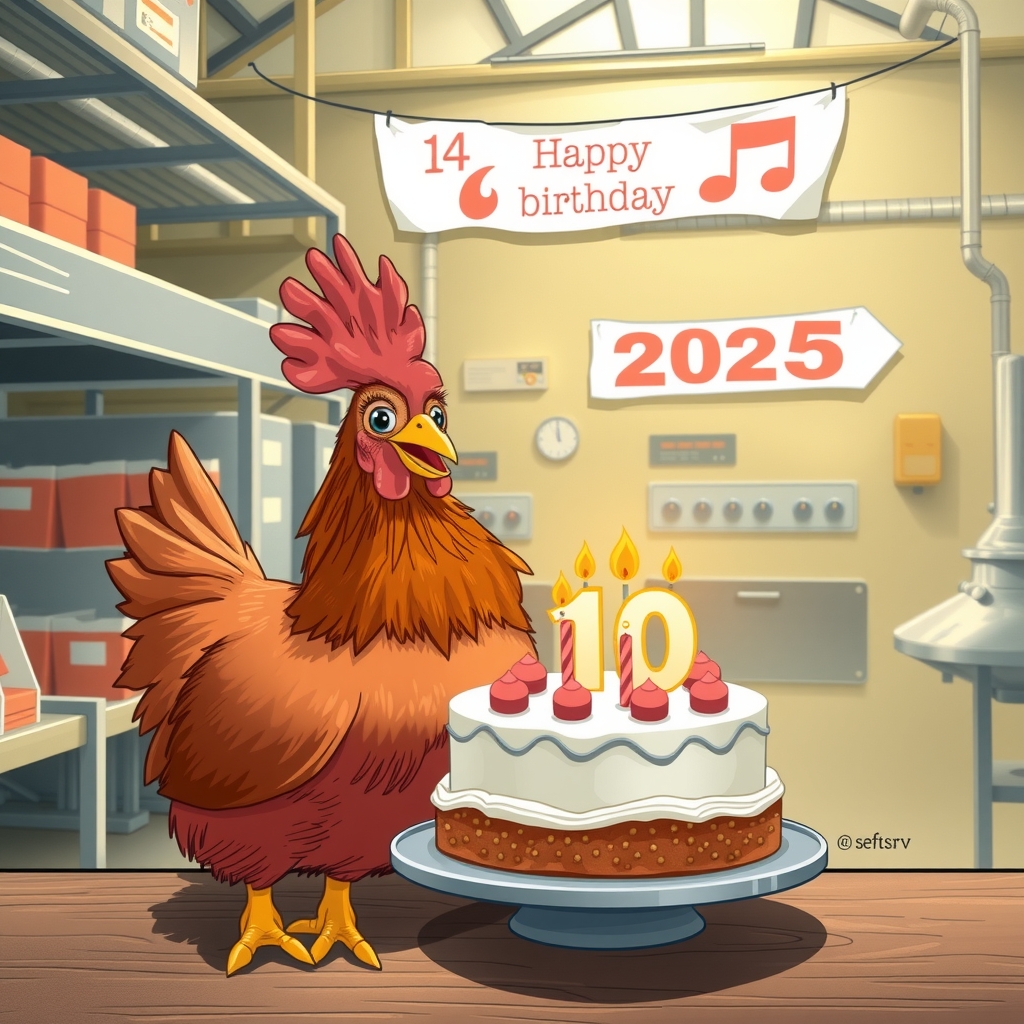 a chicken blowing out 10 birthday candles in a food processing plant with a 2025 banner in the background by मुफ्त एआई छवि जनरेटर - बिना लॉगिन के✨ | AIGAZOU