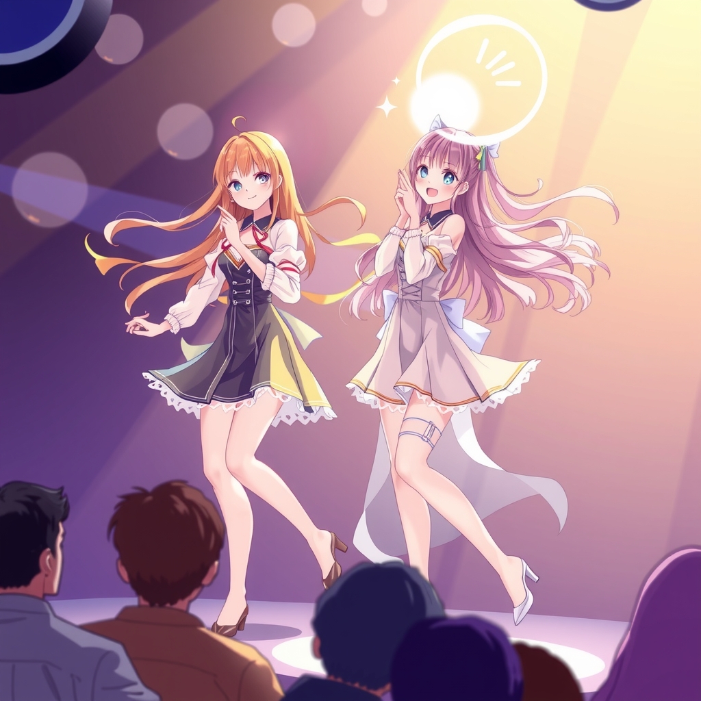 anime style clear cute beautiful transparent full body idol stage two dancing hair flowing audience smiling singing by أداة مجانية لإنشاء الصور بالذكاء الاصطناعي - إنشاء الصور بدون تسجيل الدخول | AIGAZOU