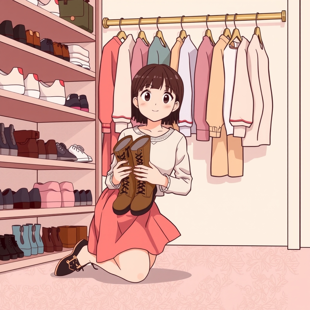 girl kneeling holds boots in front of shoe rack and wardrobe by मुफ्त एआई छवि जनरेटर - बिना लॉगिन के✨ | AIGAZOU