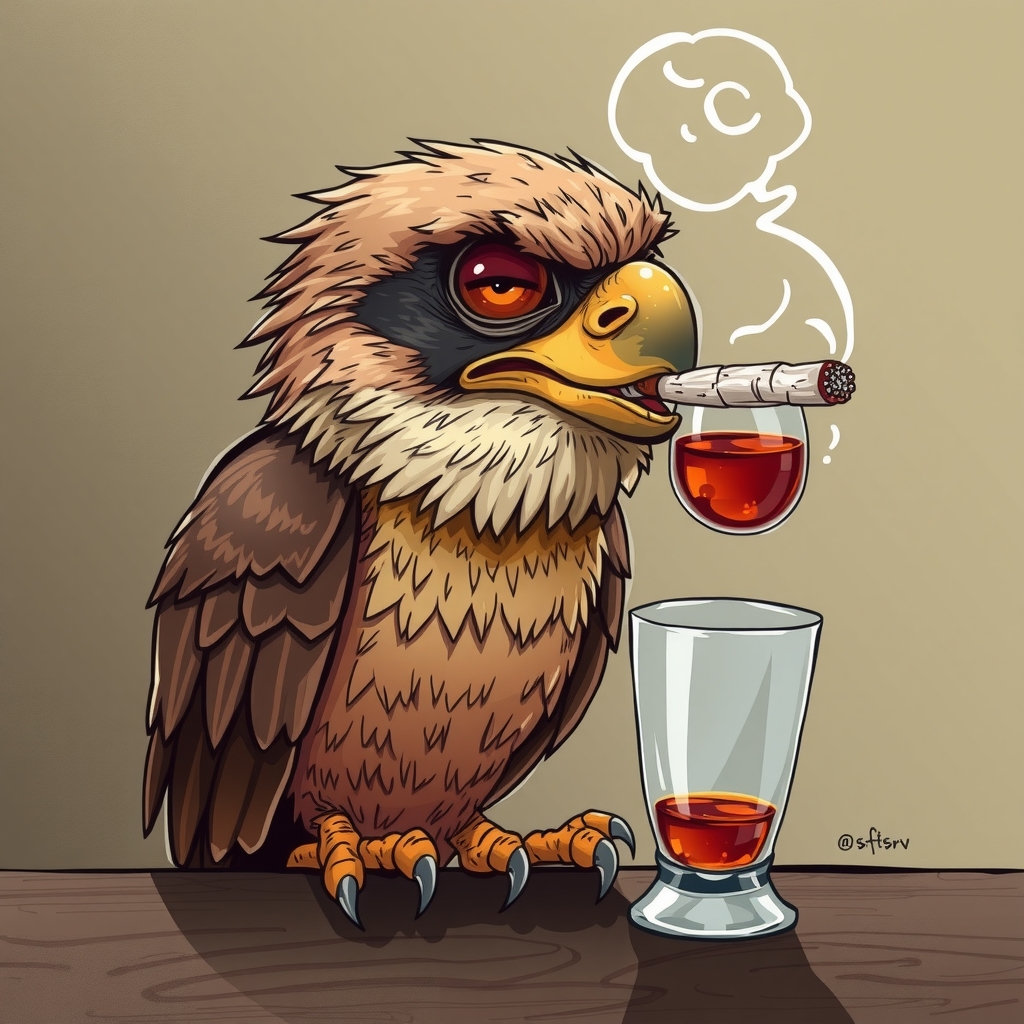 tired old falcon worn out by life smoking a cigarette with a glass of alcohol by मुफ्त एआई छवि जनरेटर - बिना लॉगिन के✨ | AIGAZOU