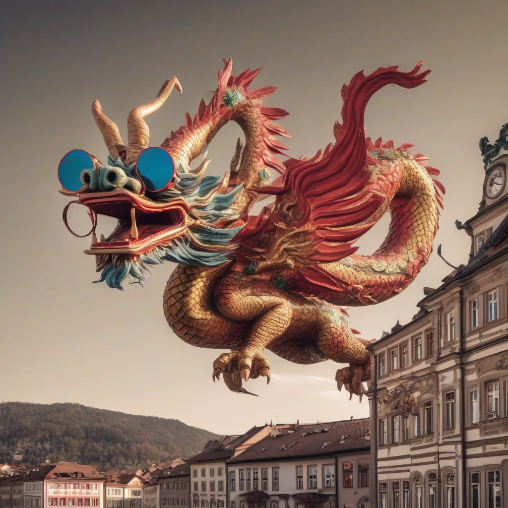 a chinese dragon with 3d glasses flies over heidelberg by Générateur d'images par IA gratuit - Aucune connexion nécessaire✨ | AIGAZOU